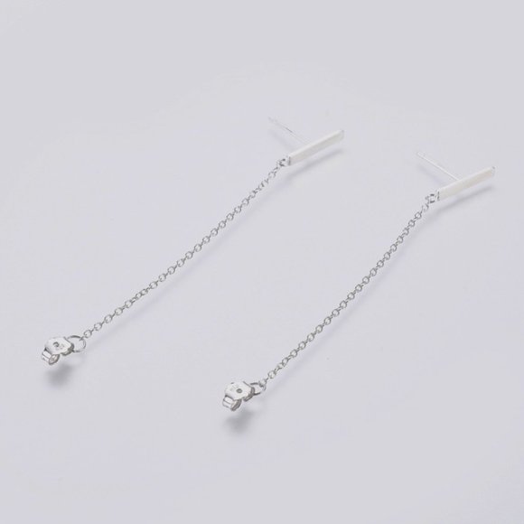 Simple Bar & Chain Stud earrings 925 Sterling Silver Unisex Back 2 front petite - Picture 3 of 3